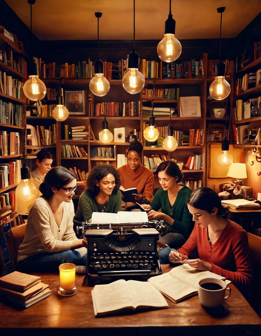 A diverse group of individuals passionately sharing stories in a cozy, inviting setting, with swirling words and vibrant imagery representing their tales floating around them. Include elements like open notebooks, vintage typewriters, and glowing lightbulbs symbolizing ideas. The atmosphere should feel warm and inspiring, encouraging creativity. super-realistic. vibrant colors. cozy background.