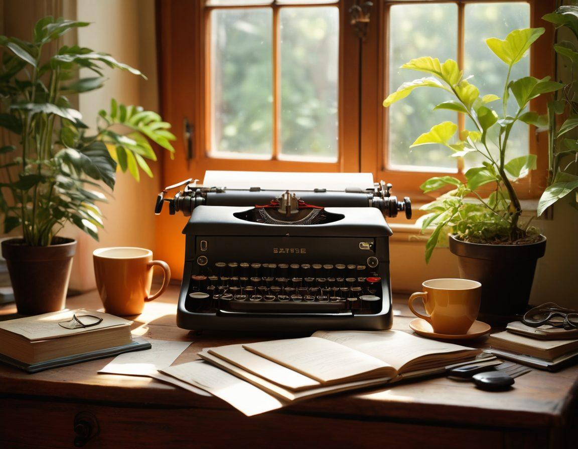 A serene writer's workspace featuring a vintage typewriter, scattered notebooks with handwritten notes, and a steaming cup of tea, all surrounded by lush plants for inspiration. Bright afternoon sunlight streams through a window, creating a warm and inviting atmosphere. A subtle hint of a digital tablet lies among the traditional tools, symbolizing the blend of old and new storytelling techniques. super-realistic. warm colors. natural light.