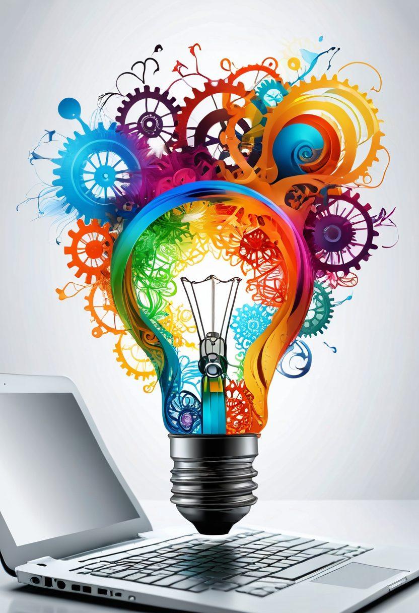 A dynamic scene illustrating the journey of thoughts transforming into captivating blog content. Visualize a lightbulb symbolizing ideas, with colorful swirling threads morphing into words on a page. Include a laptop with an inspiring blog layout and vibrant, flowing colors to represent creativity and impact. Artistic elements like gears and arrows symbolizing transformation and progress. super-realistic. vibrant colors. white background.